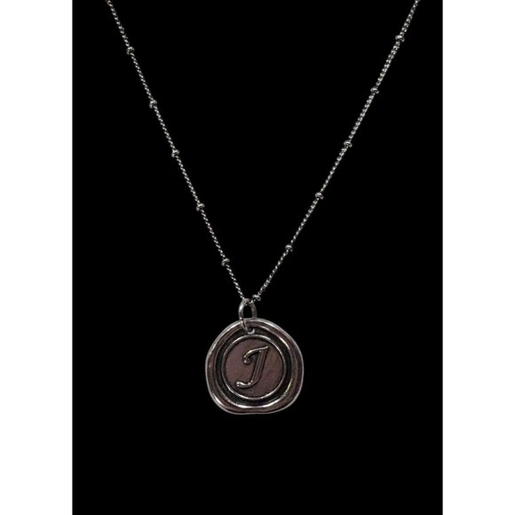 Rustic Letter J Wax Seal Style Silver Tone Pendant Necklace - Picture 2 of 5